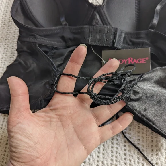 NWT NEW Body Rage Black Satin Lingerie Cropped Corset Bustier Women's Medium - Picture 3 of 8